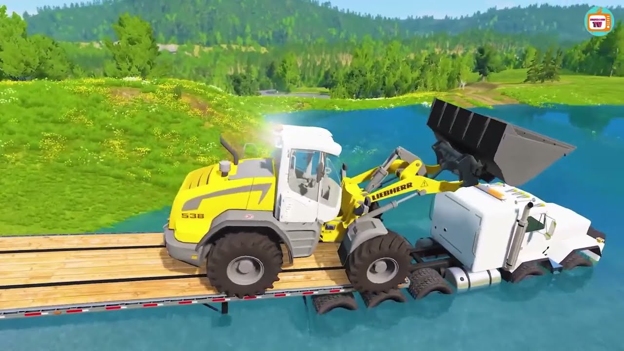 Cars vs Deep water Tractor trucks.xe đầu kéo chở máy xúc,xe cần cẩu,xe bê tông PlaygroundTV M2 #334 Mới Nhất